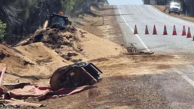 The scene where a woman in her 50s was killed at Nippering when her car collided with a truck on Saturday. Seven people were killed on WA's roads over the weekend seeing the state reach its worst road toll in almost a decade. Picture: ABC