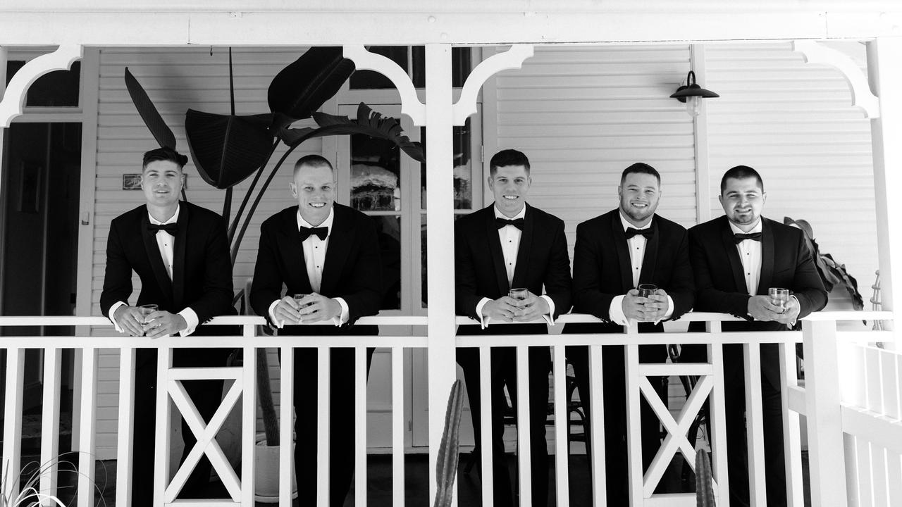 Lindsay Collins with groomsmen Samuel Collins, Daniel Best, Jeremy de Bortoli and Nicki Koleszar. Picture: Joey &amp; Jase