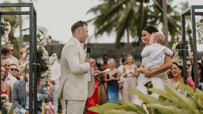 The intimate ceremony saw the newlyweds exchange vows in front of their loved ones, with the couple’s two-year-old Hugo cradled in Rachel’s arms. Photo: Instagram/@konnected.memories.