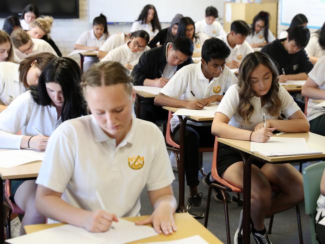 St Marys Senior High School students during the first day of the HSC exams. Picture: Jonathan Ng