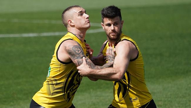 Dustin Martin and Trent Cotchin at training ahead of Friday night’s preliminary final against Collingwood. Picture: AAP