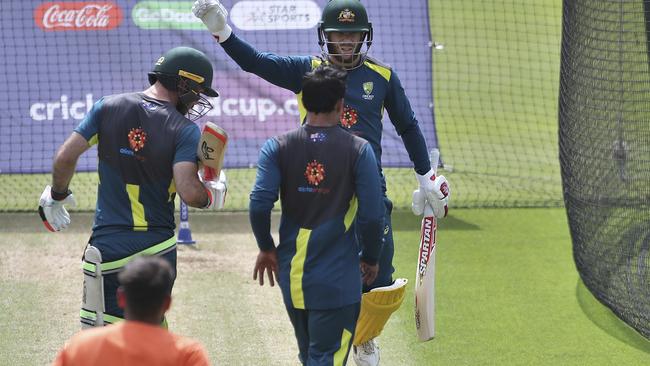 Warner, standing right, calls for help after hitting a net bowler on his head.