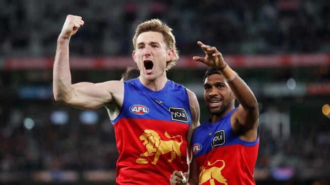 Brisbane’s Harris Andrews (left) will have a big job on Geelong’s Tom Hawkins this week. Picture: Getty Images