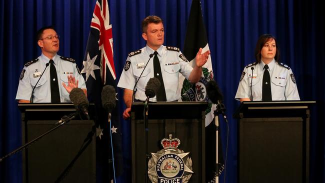 AFP Commissioner Andrew Colvin (centre) is flanked by Deputy Commissioner Mike Phelan and Deputy Commissioner Leanne Close / Picture: Ray Strange