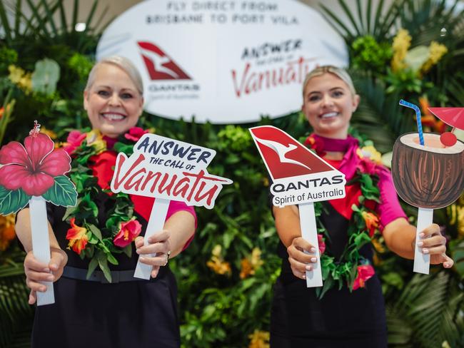 Qantas Flight Attendants Kimmy Jones and Lauren Clarkson promoting Brisbane-Port Vila flight by Qantas