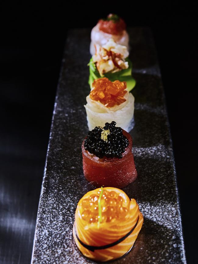 Gunkan Maki: Salmon, salmon roe, tuna and black caviar and tuna tartare at Kisume.