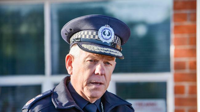 Police Commissioner Grant Stevens at Crystal Brook Police Station after two police officers were stabbed and a person shot and killed. Picture: NCA NewsWire / Brenton Edwards