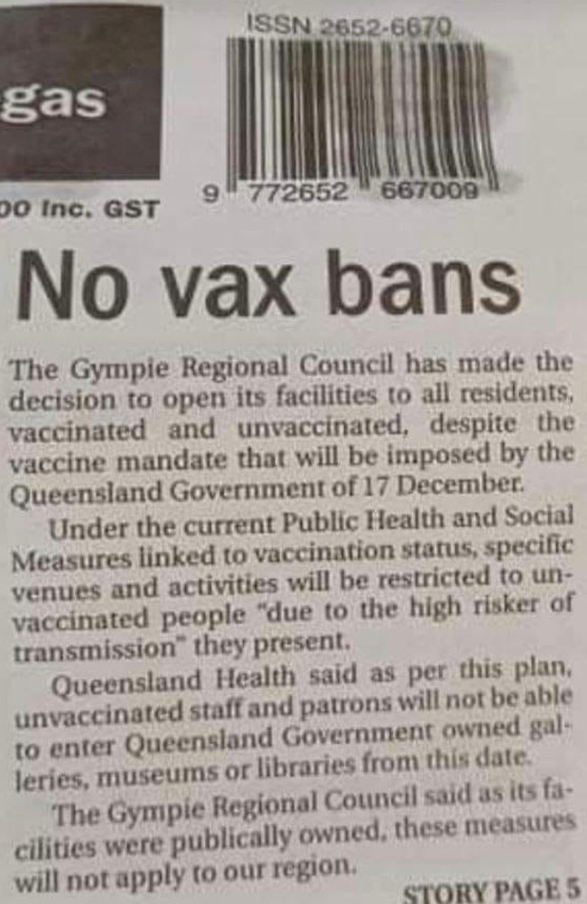 This photo of a snippet from a local newspaper made the rounds on social media where people believed it meant the council was taking a stand against the looming mandates. Photo: Facebook