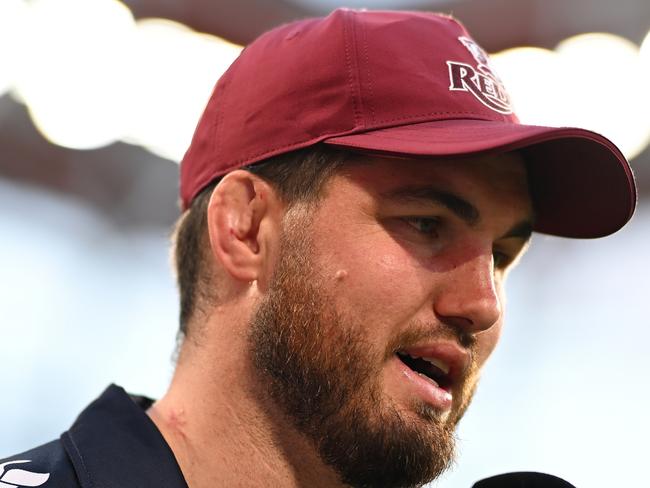 BRISBANE, AUSTRALIA - FEBRUARY 21: Liam Wright of the Reds is interviewed during the round two Super Rugby Pacific match between Queensland Reds and Moana Pasifika at Suncorp Stadium, on February 21, 2025, in Brisbane, Australia. (Photo by Albert Perez/Getty Images)