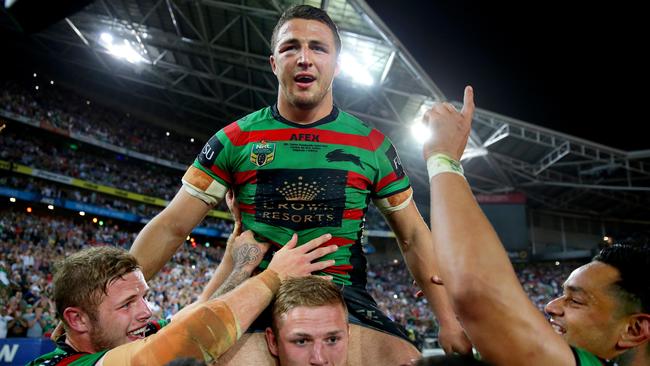 Sam Burgess is chaired from the field after the 2014 NRL Grand Final. Picture: Gregg Porteous