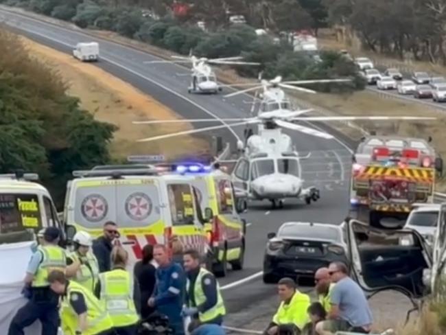 Eight people including six children were trapped when a van rolled on the Hume Hwy in southern NSW about 12 noon on Tuesday. picture: 7 News