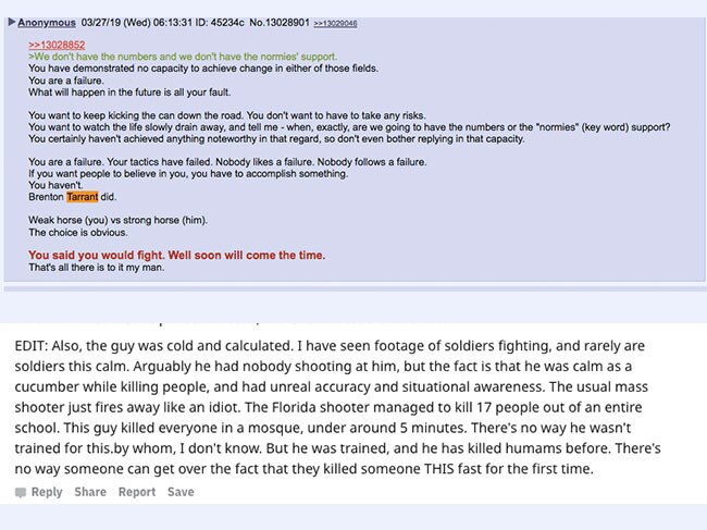 A sample of posts on 8chan posted in response to the Christchurch terror attack.