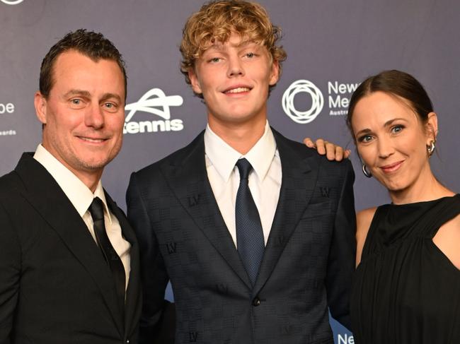 Newcombe Medal - blue carpet arrivals Crown Palladium. Lleyton Hewitt with wife Bec and son Cruz. Picture: Tony Gough