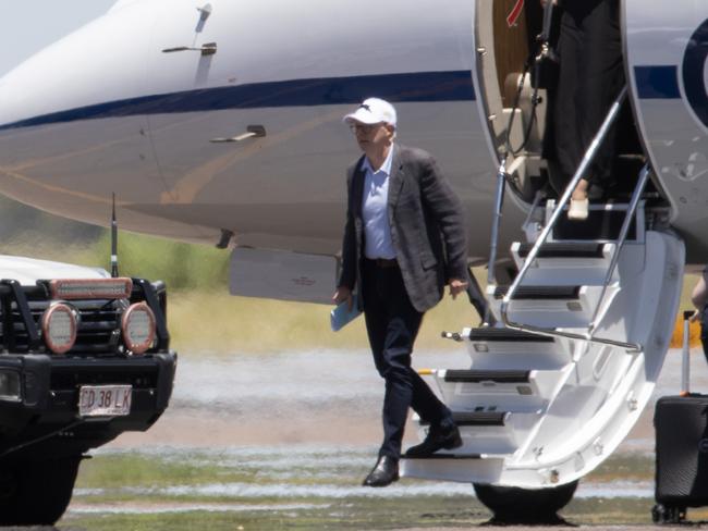 24/01/2023: Exclusive: Prime Minister Anthony Albanese arrives in Alice Springs as the town battles severe social issues. A rental Tesla is part of his entourage. Picture: Liam Mendes / The Australian