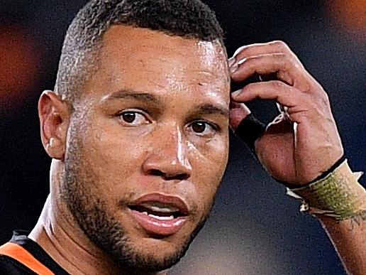 Moses Mbye of the Tigers reacts during the Round 13 NRL match between the Wests Tigers and the Canberra Raiders at Bankwest Stadium in Sydney, Friday, June 7, 2019. (AAP Image/Dan Himbrechts) NO ARCHIVING, EDITORIAL USE ONLY