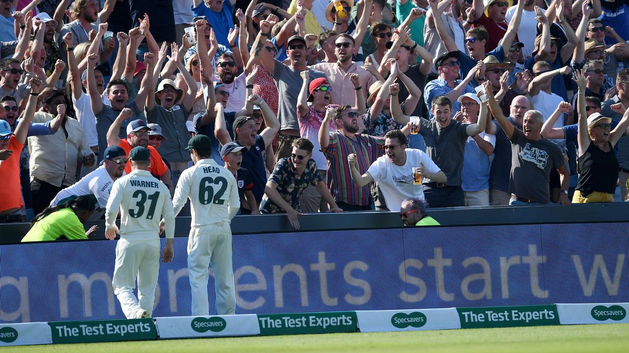 Aussie fielders retrieve one of three Ben Stokes boundaries in a crucial late over. (Photo by Gareth Copley/Getty Images)