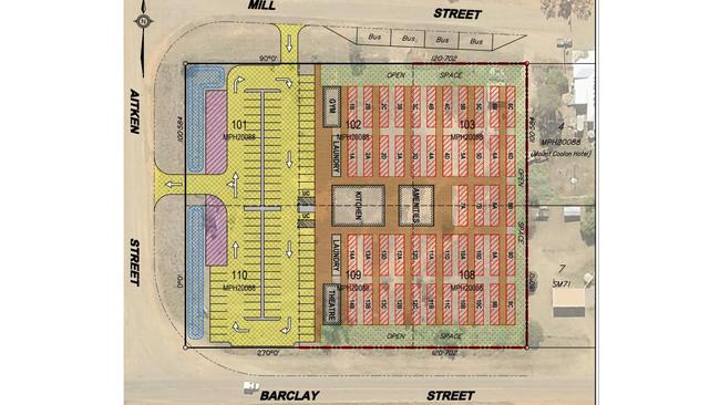 The accommodation includes 48 demountable buildings set up across six lots on Barclay and Mill St, next to the Mount Coolon hotel. Picture: Supplied