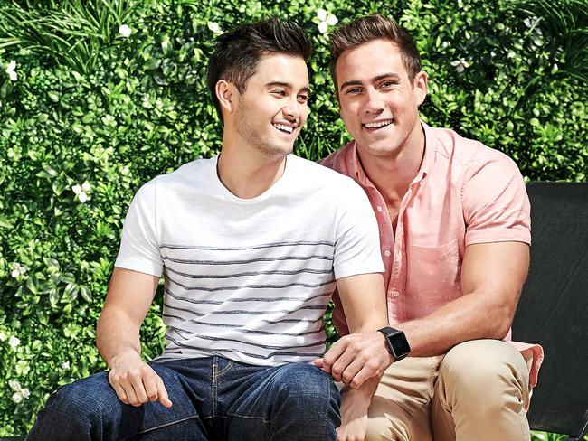 Takaya Honda and Matt Wilson play a gay couple on Neighbours. Picture: Channel Ten