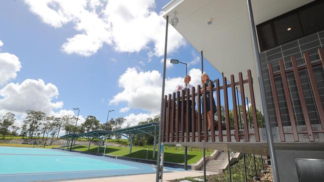 Mayor Tom Tate and Deputy Mayor Donna Gates look over the first phase of the Pimpama Sports Hub. Picture: Glenn Hampson.