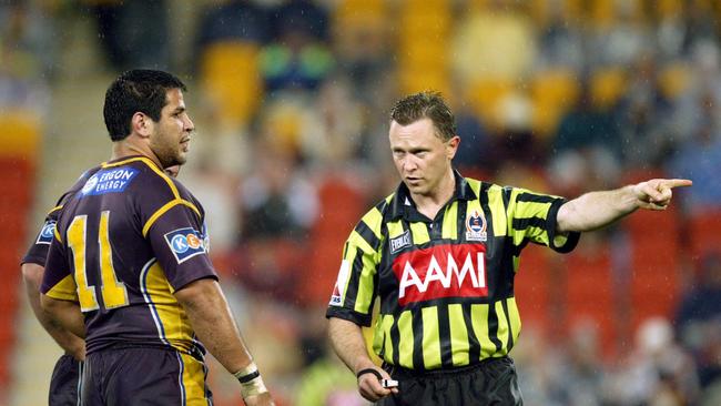 Carl Webb receives some friendly advice from a referee in 2003.