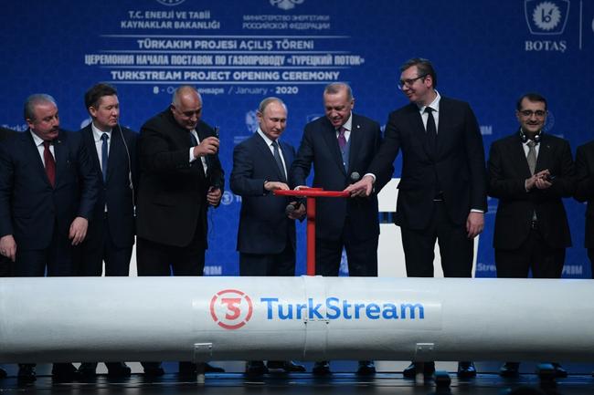 The presidents of Russia (C) and Turkey (3rd from R) inaugurated the TurkStream pipeline in 2020