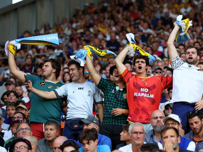 SAINT-ETIENNE, FRANCE - SEPTEMBER 17: Fans of South Africa and Fiji enjoy the match during the Rugby World Cup France 2023 match between Australia and Fiji at Stade Geoffroy-Guichard on September 17, 2023 in Saint-Etienne, France. (Photo by Chris Hyde/Getty Images)