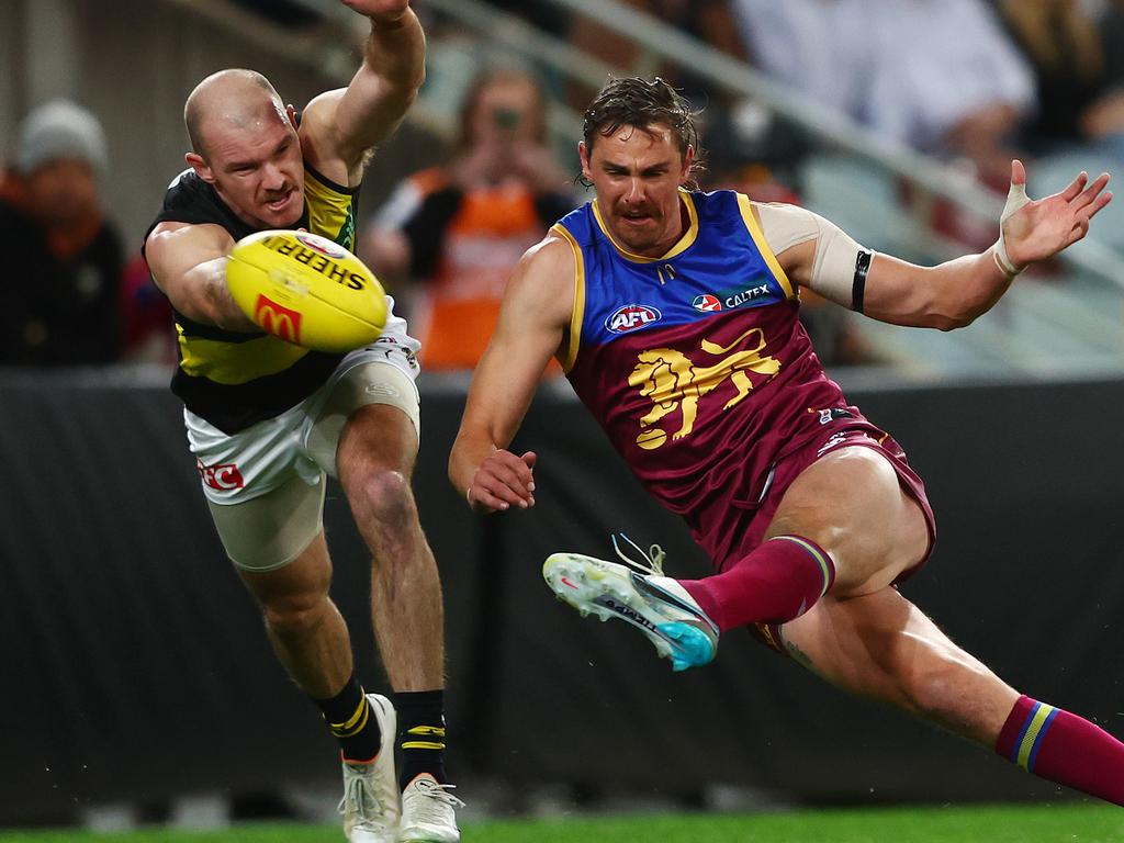 BRISBANE, AUSTRALIA - JUNE 29: Joe Daniher of the Lions kicks a goal during the round 16 AFL match between Brisbane Lions and Richmond Tigers at The Gabba, on June 29, 2023, in Brisbane, Australia. (Photo by Chris Hyde/AFL Photos)