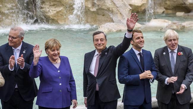 Scott Morrison, German chancellor Angela Merkel, Italian Prime Minister Mario Draghi, French president Emmanuel Macron, British Prime Minister Boris Johnson at the Trevi fountain.