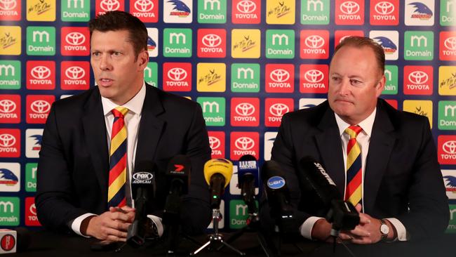 Adelaide Football Club CEO Andrew Fagan with chairman Rob Chapman last year, speaking to the media as they announce the club has bought the Adelaide Bite Australian Baseball League team. Picture: AAP / Kelly Barnes