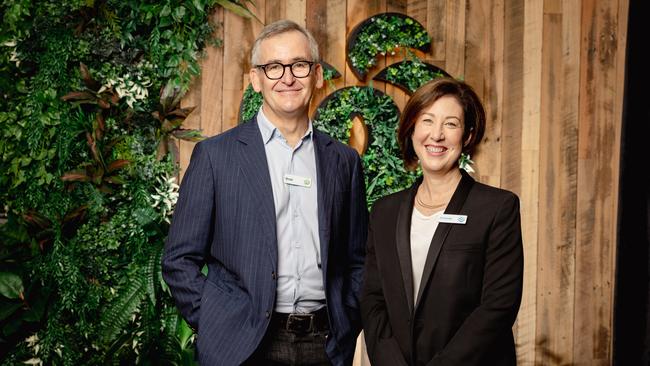 Woolworths Group chief Brad Banducci with the woman who will replace him in the job, Amanda Bardwell.