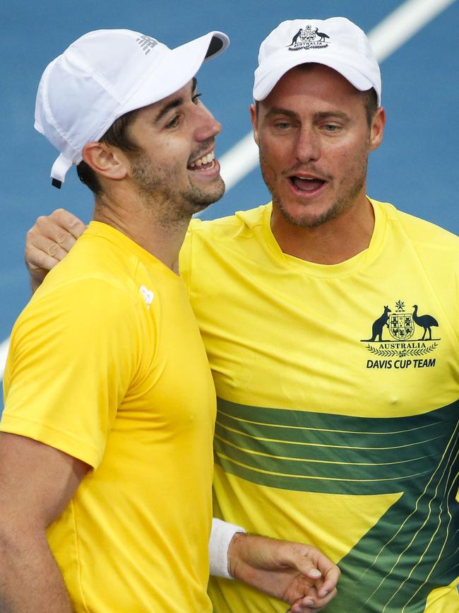 Thompson with Lleyton Hewitt during a Davis Cup tie. Picture: AAP