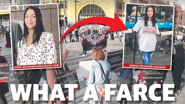 Courting trouble: Just days after fronting court over the theft of livestock from Gippy Goat Cafe and farm, activist Olivia Foggarty was pictured chained outside the main entrance to the Melbourne Aquarium.