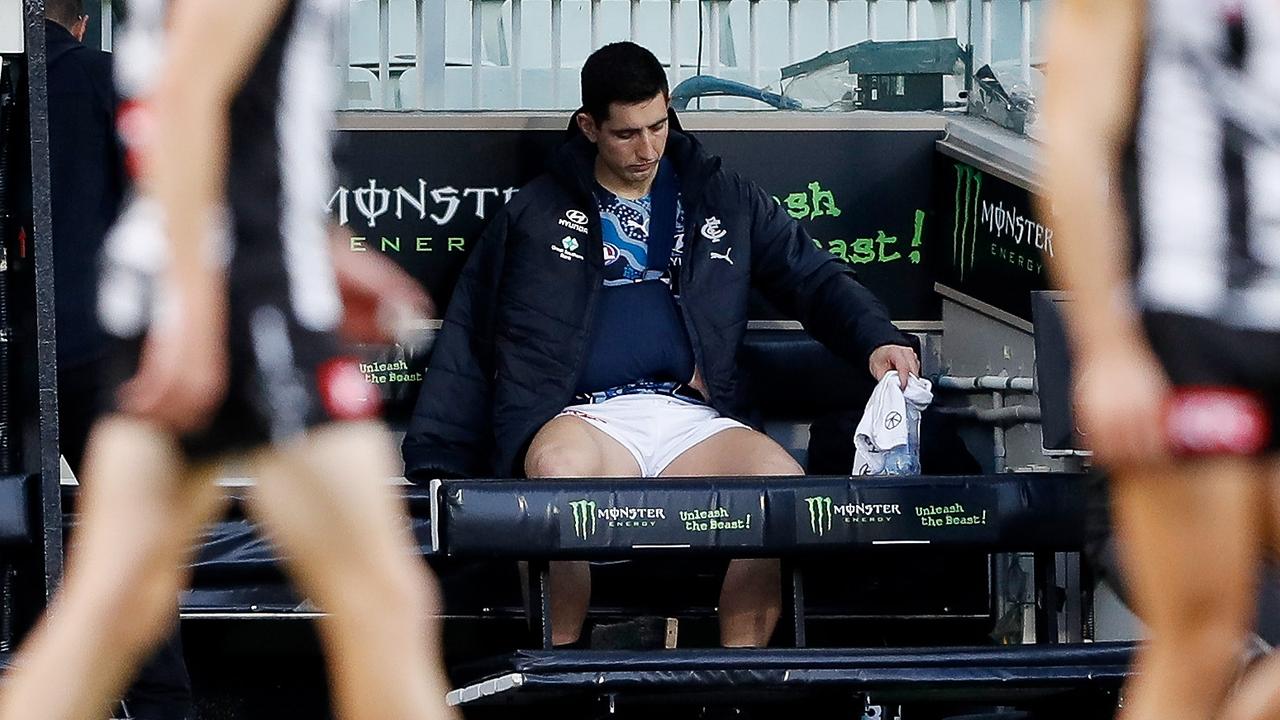 Jacob Weitering suffered a shoulder injury against the Pies earlier in the year. Picture: Getty Images