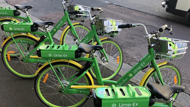 A line of Lime bikes in Surry Hills.