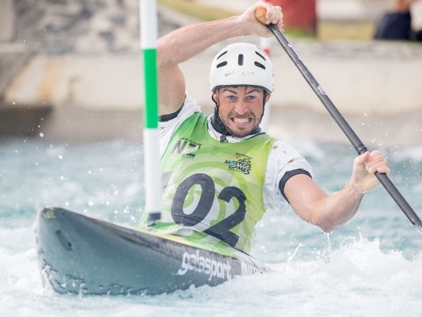 Tasmanian Daniel Watkins on way to winning gold at the 2020 Oceania Canoe Slalom Championships. Picture: JAIME TROUGHTON DSCRIBE MEDIA