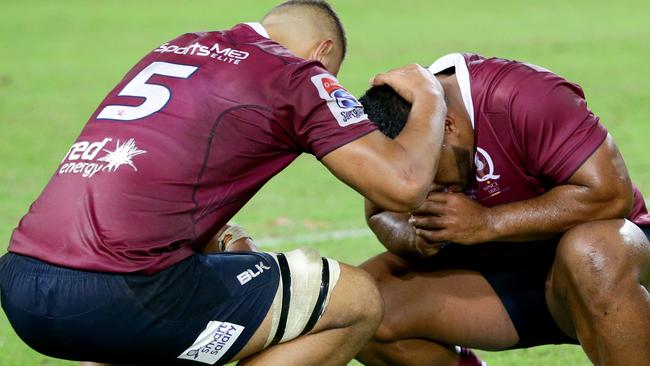 Lukhan Tui and Taniela Tupou of the Reds dejected after another loss to the Waratahs. Pic Darren England
