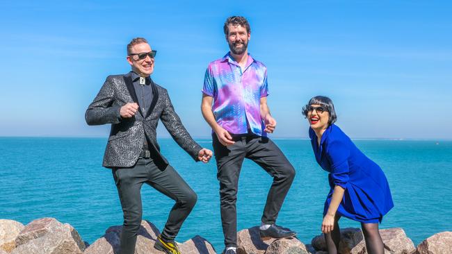 Darwin Festival Creative Director Felix Prevail with Festival Artists Carla Lippis and Geoffrey Crowther. Picture Glenn Campbelll