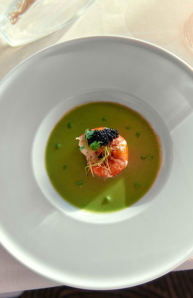 Lobster tail with truffled leeks and green-pea jusat La Dame restaurant. Picture: Lauren Bamford