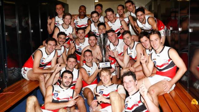 The Eastern Football League celebrates its win over the Geelong Football League on Saturday night. Picture: Garry Sparke