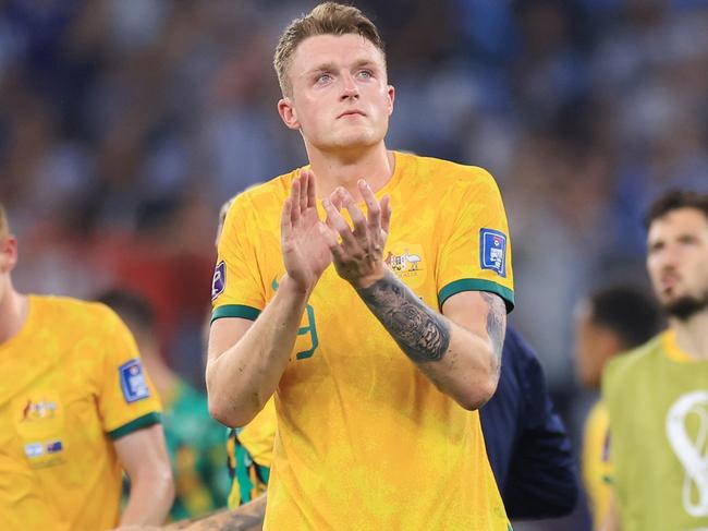 DOHA, QATAR - DECEMBER 03: Harry Souttar of Australia applauds fans after the 1-2 loss during the FIFA World Cup Qatar 2022 Round of 16 match between Argentina and Australia at Ahmad Bin Ali Stadium on December 03, 2022 in Doha, Qatar. (Photo by Buda Mendes/Getty Images)