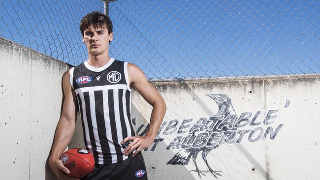 Connor Rozee at Alberton Oval wearing the prized guernsey. Picture: Simon Cross