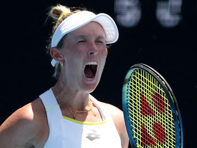 Australia's Storm Hunter reacts on a point against Italy's Sara Errani during their women's singles match on day two of the Australian Open tennis tournament in Melbourne on January 15, 2024. (Photo by Martin KEEP / AFP) / -- IMAGE RESTRICTED TO EDITORIAL USE - STRICTLY NO COMMERCIAL USE --