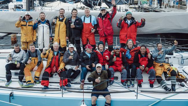 The crew of Antipodes II after completing the 2022 Rolex Sydney to Hobart. Picture: Bram Vanspengen.