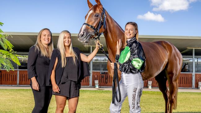 Part-owners Sarah and Lydia Robins alongside jockey Steph Thornton and Gotta Kiss. Picture: Luke Marsden