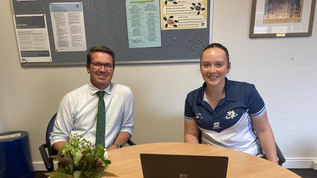 Grafton High School principal Scott Dinham with Jorja Willis, a school-based trainee working in aged care.