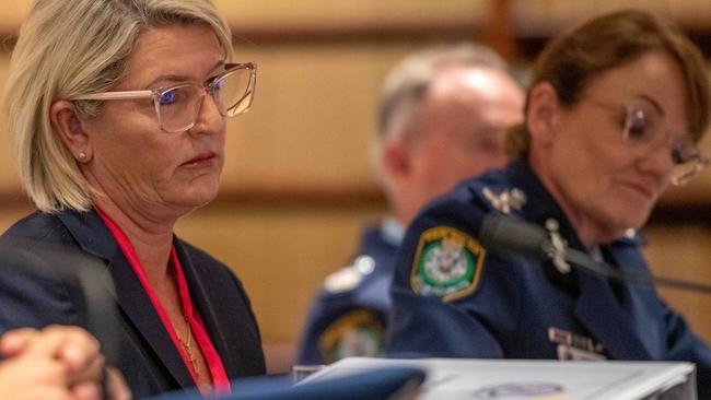 NSW Police Minister Yasmin Catley and Police Commissioner Karen Webb answer questions at the budget estimates meeting in Parliament in Sydney. Picture: Thomas Lisson