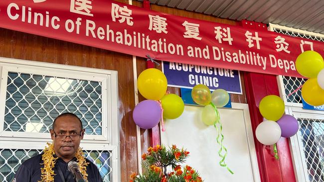 George Wilson Malefoasi, CEO of the Chinese-built National Referral Hospital, addresses the opening ceremony for the acupuncture clinic at the hospital in Honiara, the capital of the Solomon Islands.