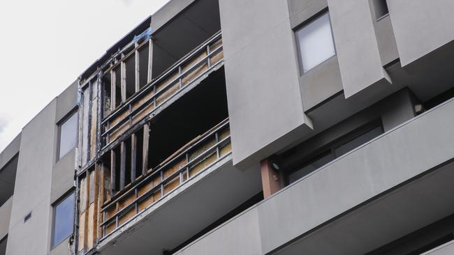 Anstey Square in Brunswick after the fire. It spread to the next floor through the cladding. Picture: Wayne Taylor