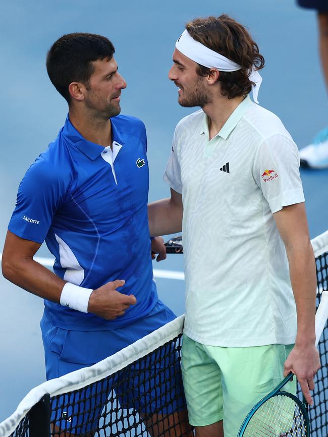 Novak Djokovic embraces Stefanos Tsitsipas of Greece during A Night with Novak and Friends. Picture: Graham Denholm/Getty Images