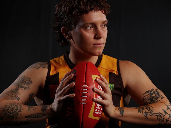 MELBOURNE, AUSTRALIA - August 21, 2023. AFLW Captains Day at Marvel Stadium.  Hawthrons Tilly Lucas-Rodd  .  Photo by Michael Klein.